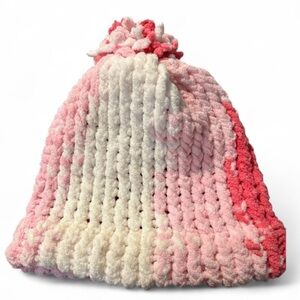 Chunky knit handmade hat. Pink White Cozy Cold Weather Outdoors SKU1